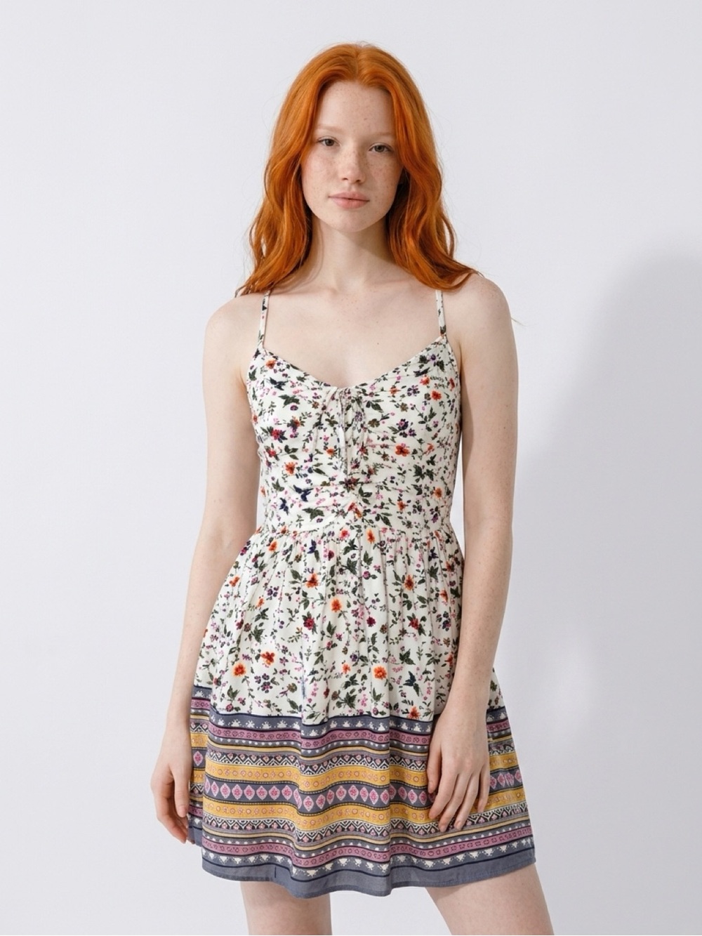 Abercrombie & Fitch Floral Spaghetti Strap Boho Mini Dress w Multicolor Border